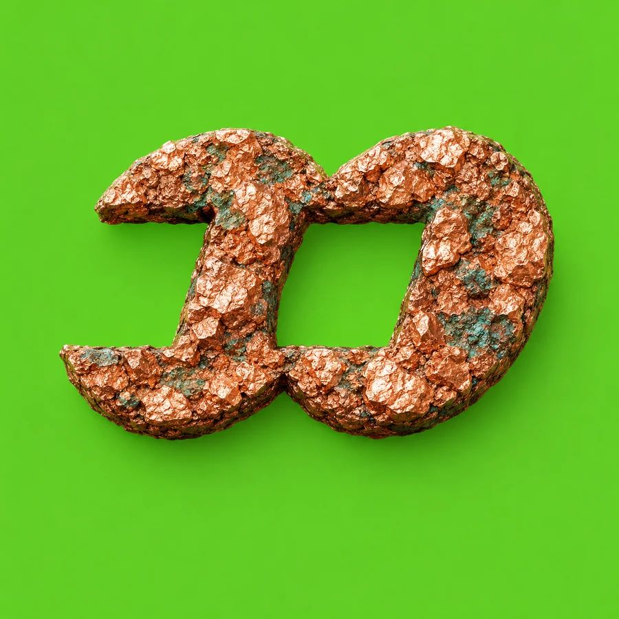 The FOMO logo made from rough copper ore with turquoise patina on a green background.